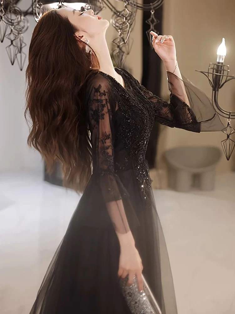 Damska Czarna Sukienka Wieczorowa Letnia Nowa Elegancka Koronkowa Sukienka z Półrękawami z Siateczki na Imprezę Lekka Luksusowa Sukienka na Bal z Dekoltem O-Neck w Kształcie Litery A