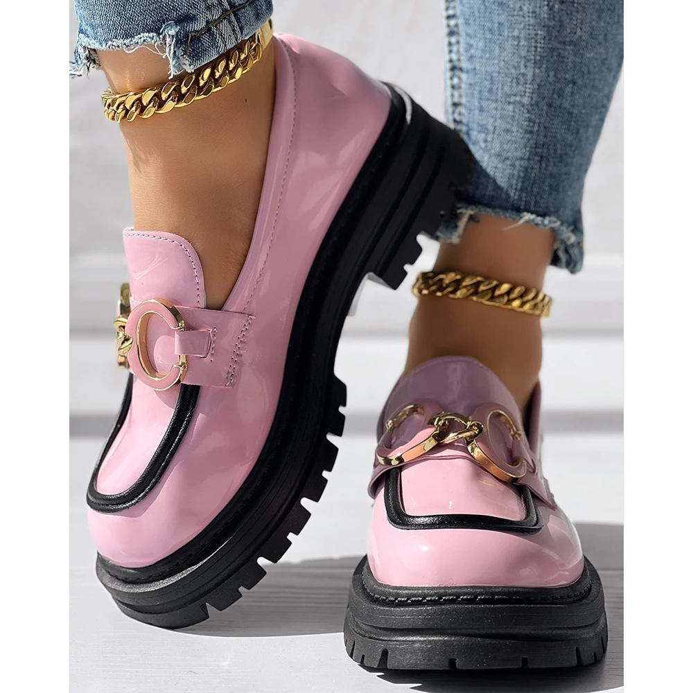 

2024 Summer Autumn Pu Leahther Chain Decor Loafers Slip-on for Women Fashion Round Toe Low Heel Flats Femme Casual Streetwear