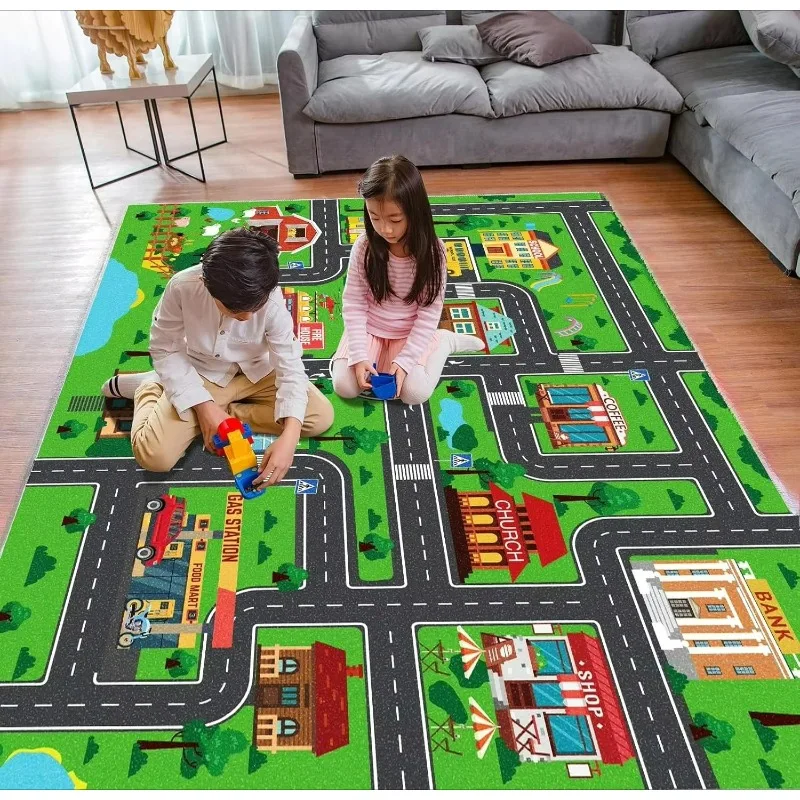 Large City Traffic Play Rug Flannel Kids Game Carpet Non Slip Road Map Floor Mat for Toddlers Playroom Bedroom Toy Car Mat