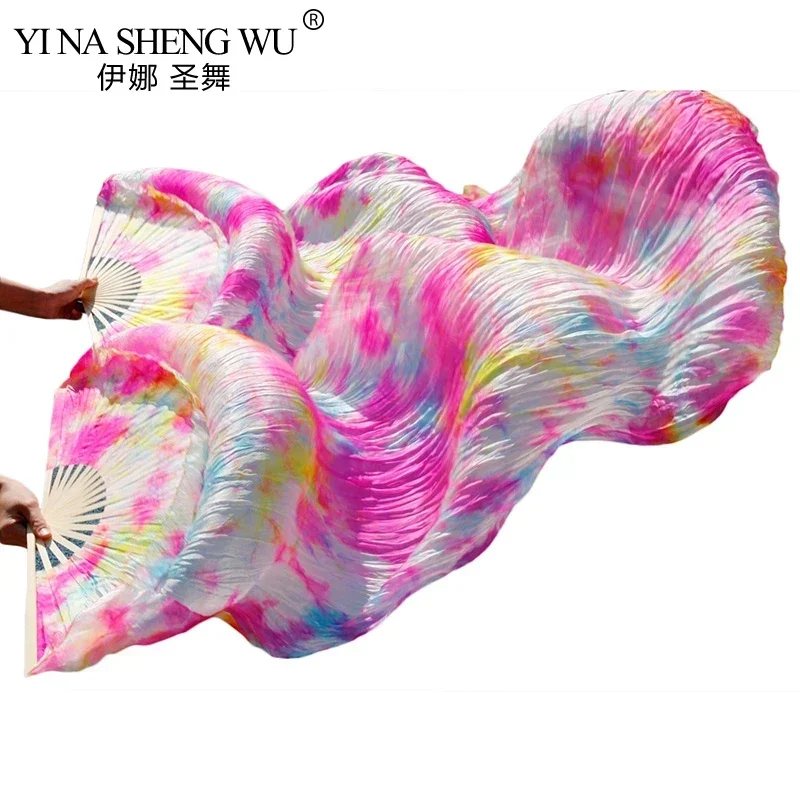 

100% настоящие шелковые веера, окрашенные в галстук реквизит для танца живота, бамбуковые ребрышки, длинные шелковые веера, танцевальная практика/реквизит для выступлений на сцене, шелковые веера, 1 пара