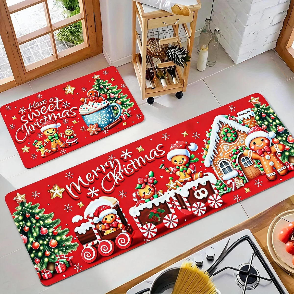 Christmas Kitchen Runner Mat Long Soft Plush Flannel Rug with Gift Box Pattern Non Slip Water Absorbent