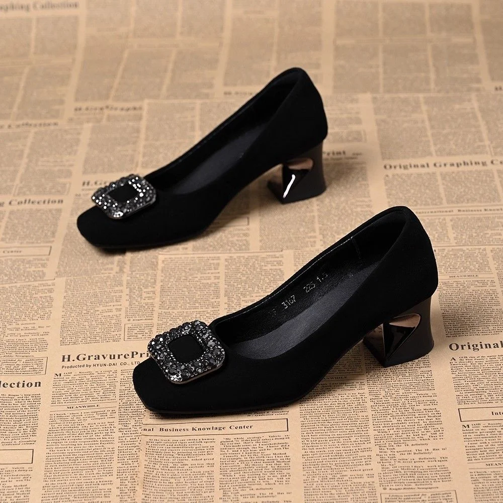 Zapatos de Mujer Damenmode, süße, leichte, schwarze, bequeme Frühlingsschuhe zum Hineinschlüpfen mit quadratischem Absatz für Büroarbeit, Damenschuhe a531