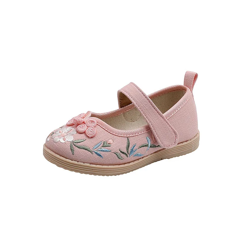 Embroidered Shoes for Girls Chinese Style Cotton Cloth Shoes For Chinese Dance Pink Beige Children Flat Princess Shoes for Kids