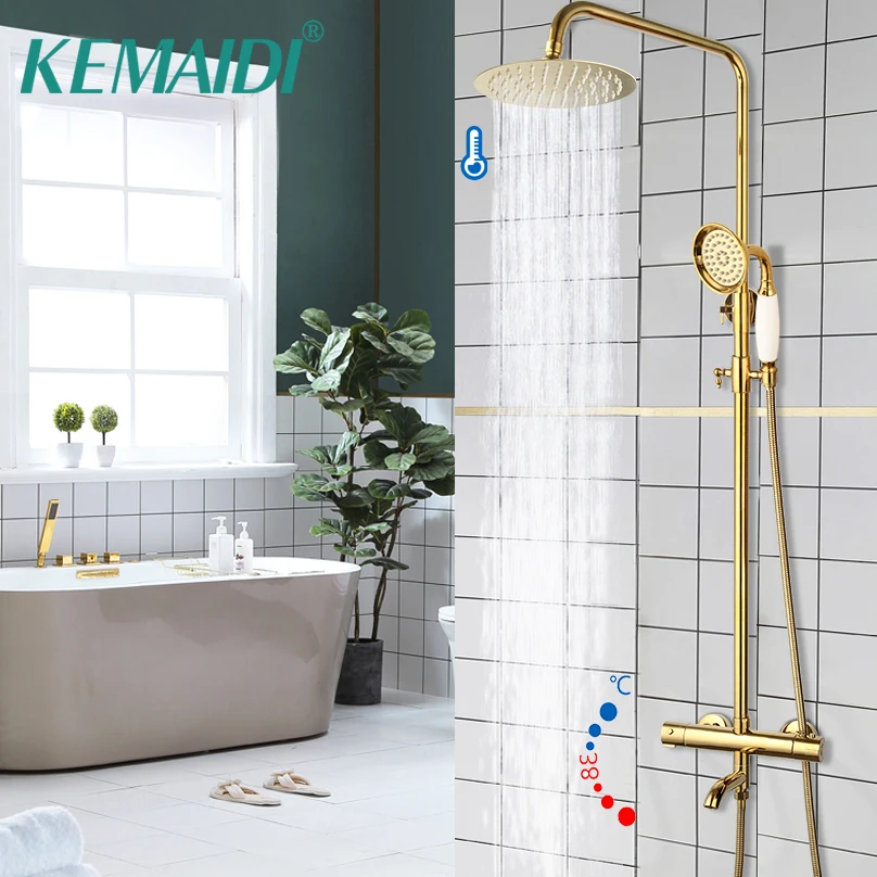 KEMAIDI Bathroom Thermostatic Bathtub Shower Faucet Golden Plated  Rainfall 3 Ways Shower Head Mixer Shower Faucets Set