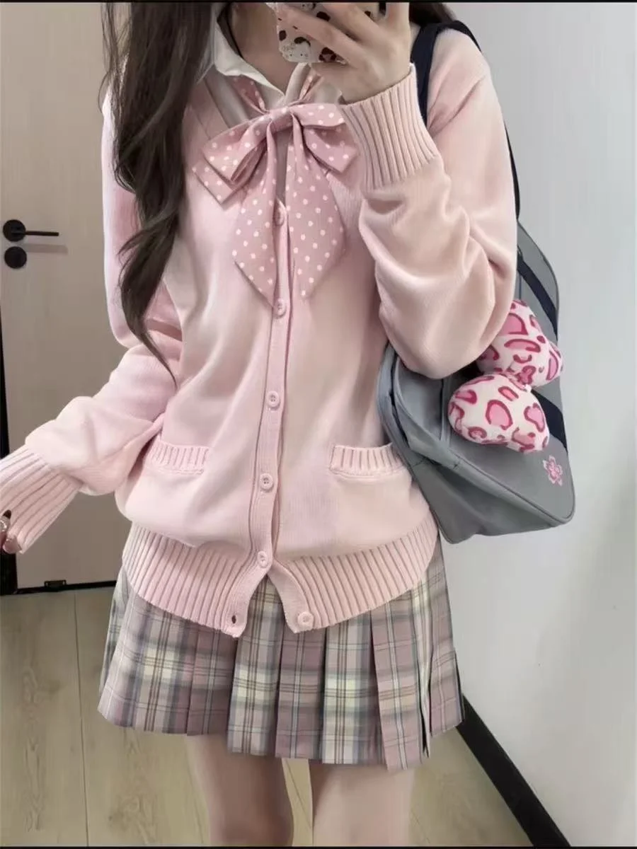 Women's Knitted Long Sleeve Cardigan And Short Skirt Uniform Set Pure Color Spring Cherry Blossom Pattern Fashionable School ...
