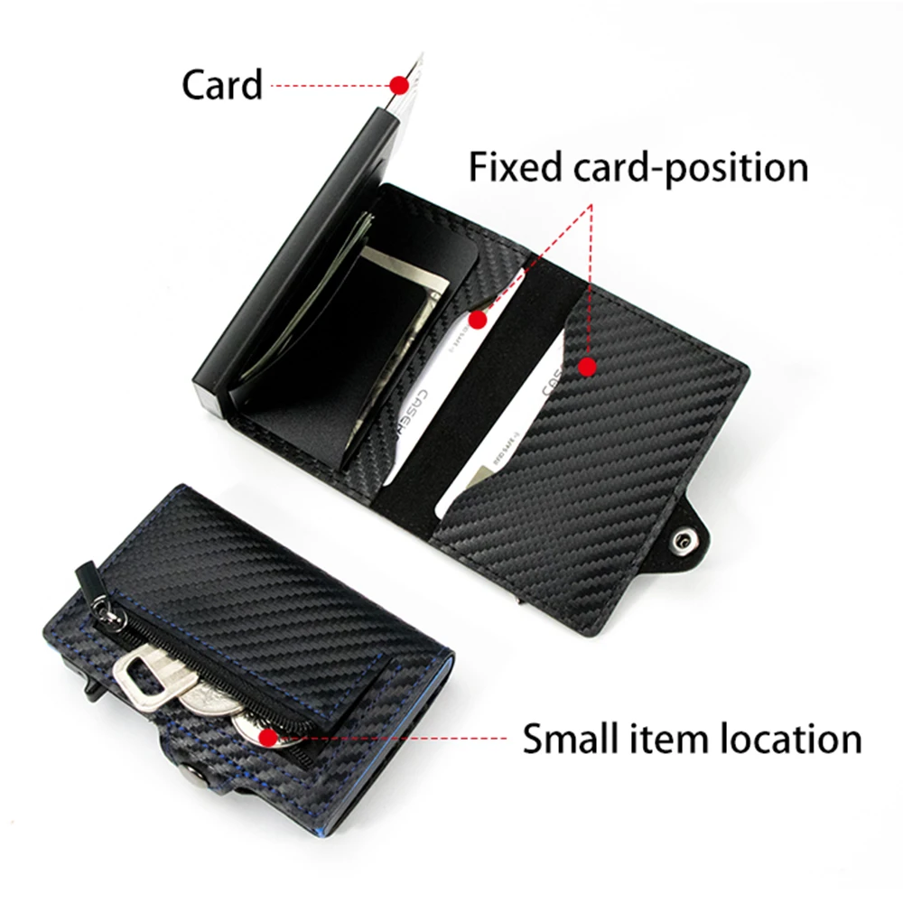 CASEKEY New Men Wallet Anti Rfid Carbon Fiber Leather Pop Up Card Holder Mini Smart Wallet with Coin Purse Billetera Hombre