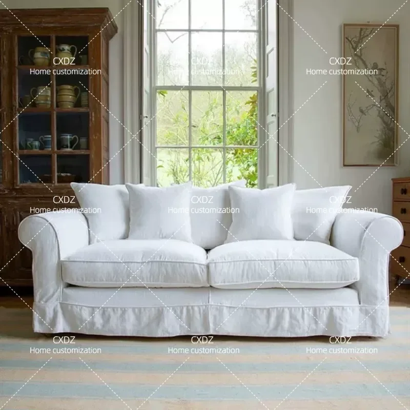 Nordic Wabi Sabi Cream Cloud White Washed Cotton Linen Sofa Straight Row Modular Sectional Couch for Living Room Studio