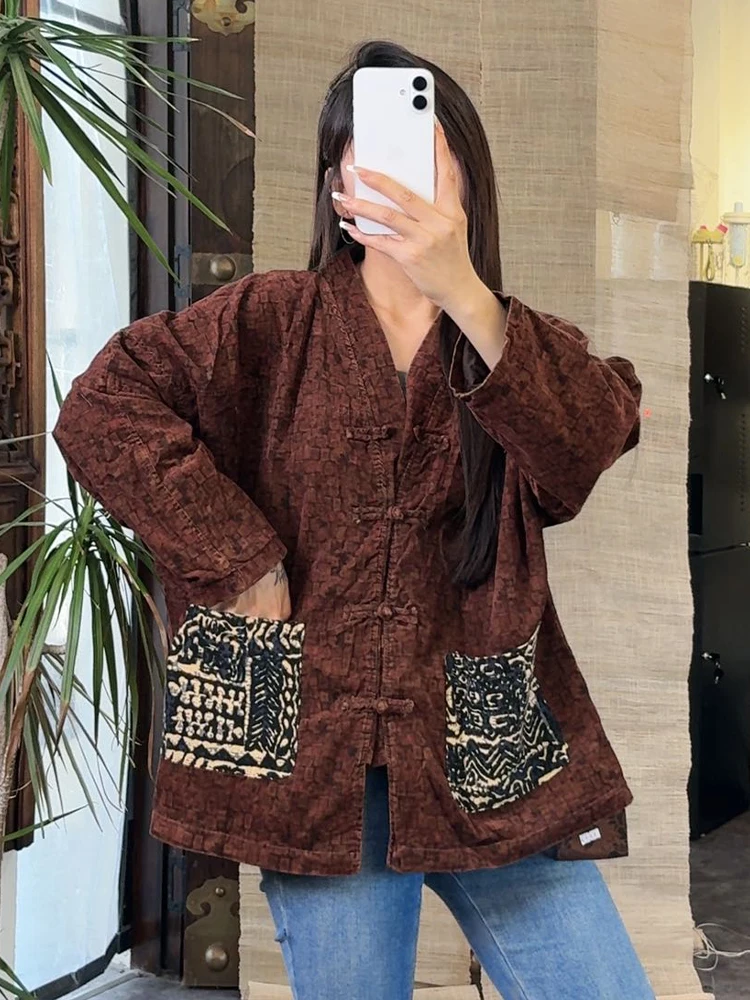 Amax LuluE الصينية 2025 معاطف الموضة الفضفاضة النساء خمر المطبوعة الكلاسيكية سترة السيدات الفاخرة الأزهار القطن الكتان فاسق الملابس