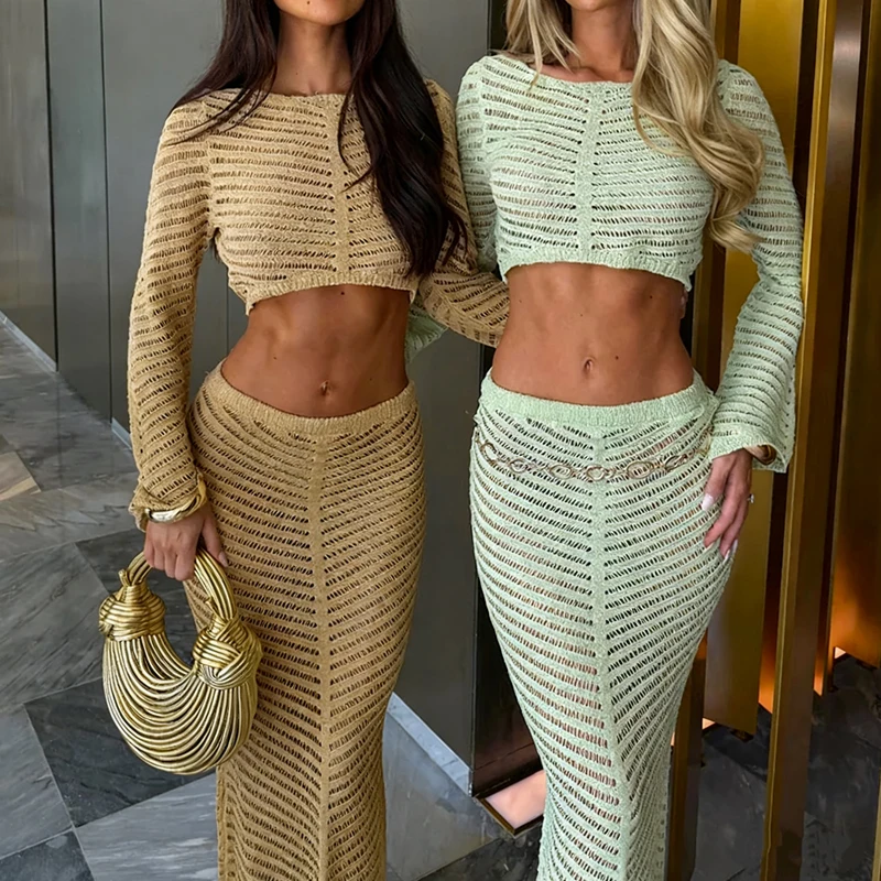 Set aus langärmligem, tailliertem Oberteil und halblangem Rock, lässiger Sonnenschutz, Urlaubsreisen, Kleidung für alle Jahreszeiten