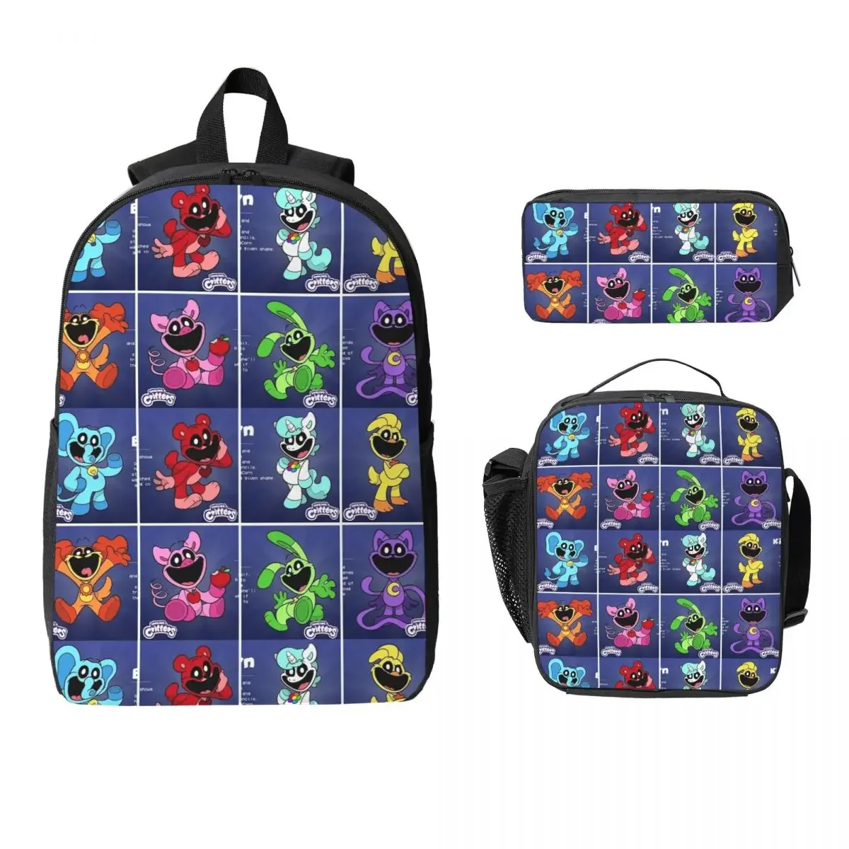 Smiling Critters Cartoon Game Backpack Student Boys Girls BookBag School Bag Shoulder Bags 3ps Insulated Lunch Bag Pencil Case
