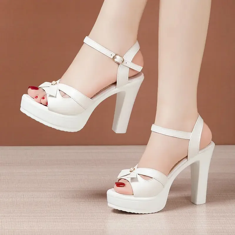 Small Size 32-43 Elegant Bow Soft Leather Platform Shoes Summer 2024 Women\'s Block High Heels Sandals for Office Model Wedding