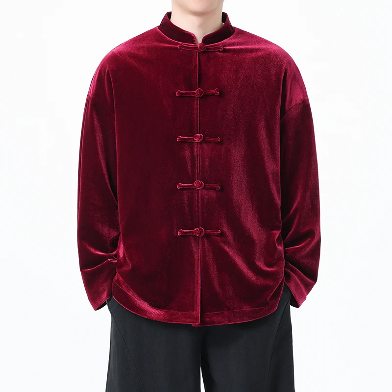 M-XXXXXL Plus Size Men's Vintage Chinese Style Stand Collar Long Sleeve Loose Flannel Coats Frog Button Casual Clothing Tops 5XL