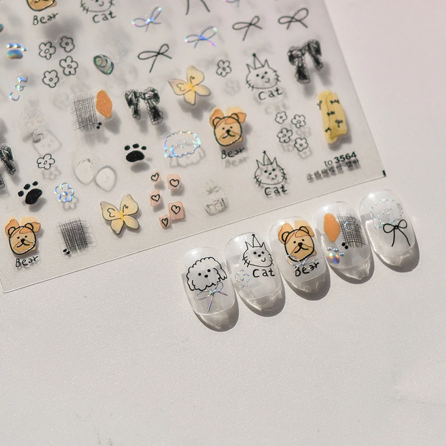 Laser Childish Funny Graffiti Bow Cat Paw Dog Bear Adhesive Nail Art Stickers Decals Manicure Slice Ornaments Accessories