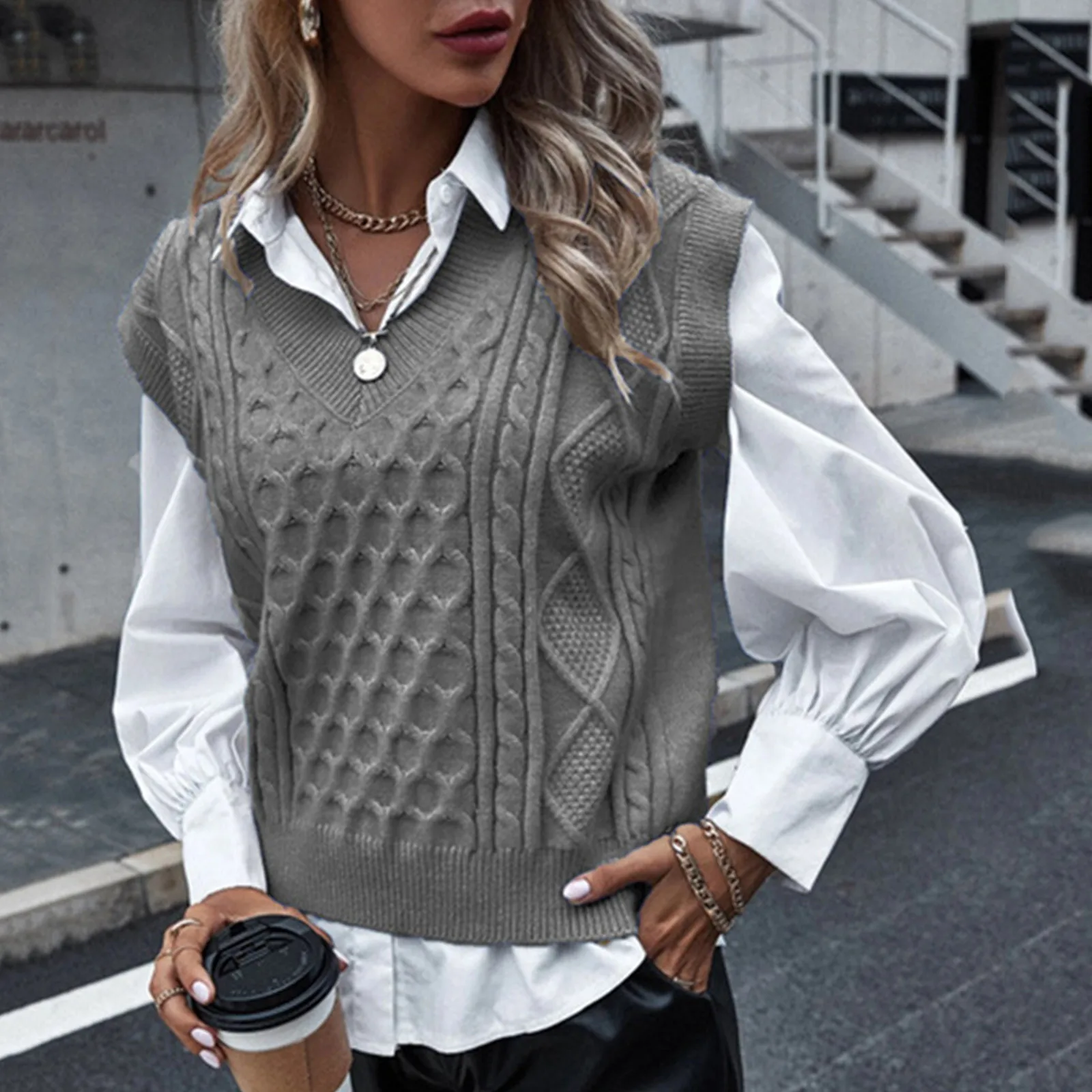 

Fashion Autumn Women's Clothing Solid College Style Knitted Vest Sleeveless V-Neck Retro Sweater Winter Slim Loose Knitwear Tops