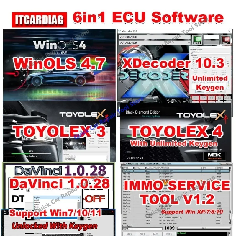 2026 6 IN 1 ECU Software WinOLS 4.7 XDecoder 10.3 TOYOLEX3 TOYOLEX 4 DaVinci 1.0.28 IMMO SERVICE ​TOOL V1.2 Car Repair Software