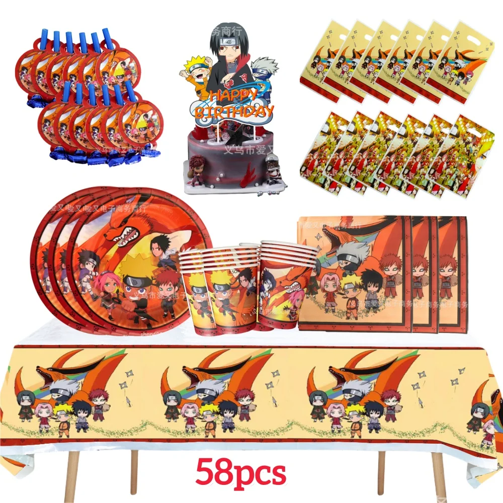 Décorations de fête d'anniversaire de dessin animé Naruto, vaisselle en papier, assiettes, gobelets, nappe, ballons, bannière pour enfants, décoration de gâteau, fournitures de fête