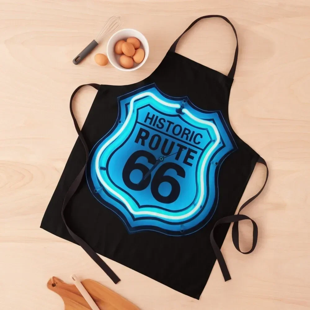 

Historic Route 66 Blue Neon Sign Apron Cooking manicurist Kitchen Women Customizable Apron