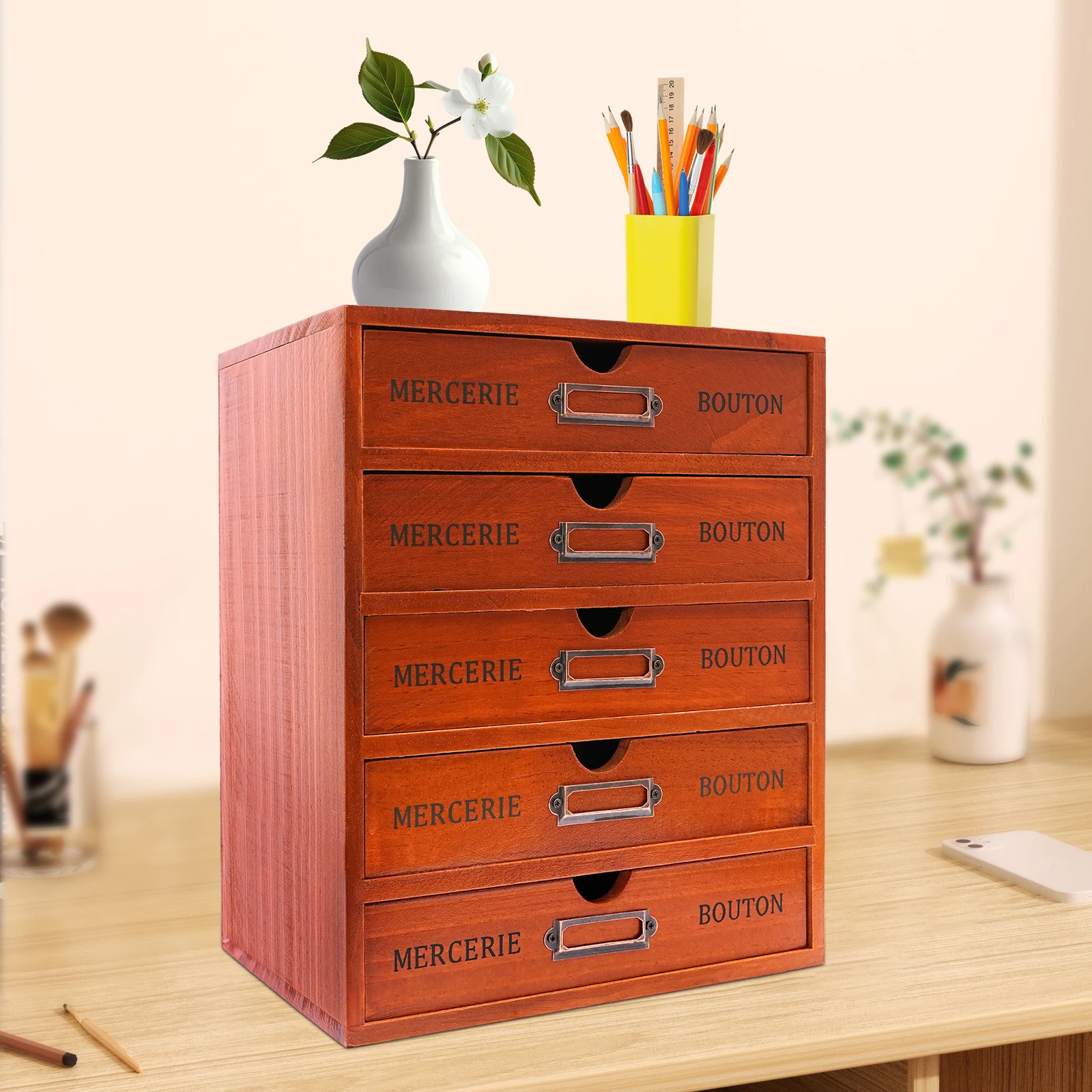 

5-drawer Wooden Desk Organizer Jewelry Tabletop Storage Drawers Retro Sundries Shelf Drawer Makeup Container