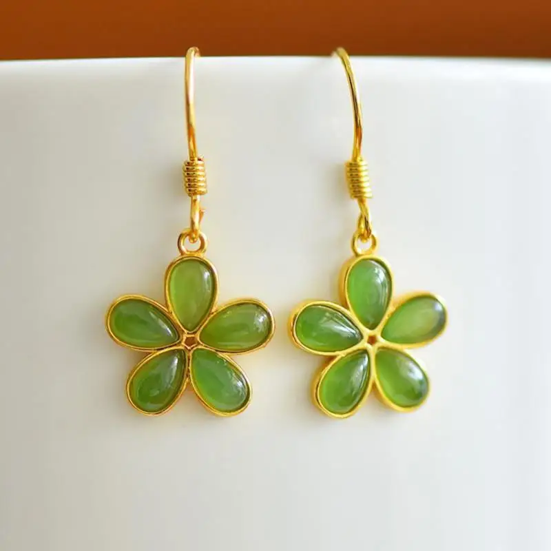 Genuine China Nephrite Stone Green Hetian Jade 925 Silver Flower Drop Earrings Women Certified Jewelry For Girlfriend Mom Gifts