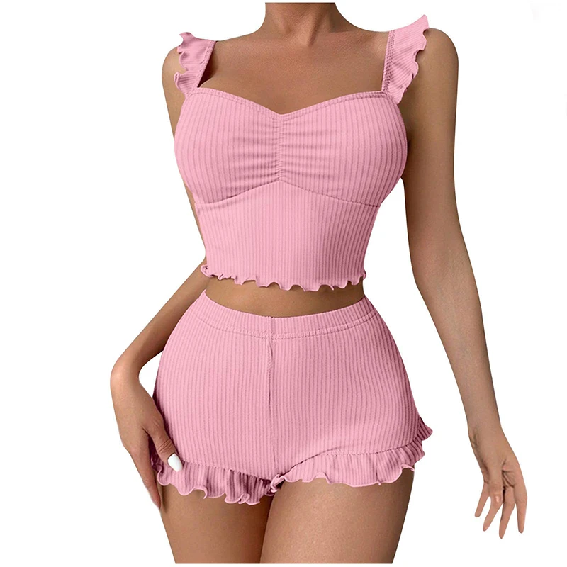 

Two Piece Women's Ribbed Knitted Sexy Pleated Camisole Vest Paired with Shorts Solid Color Women's Casual Sleepwear Set