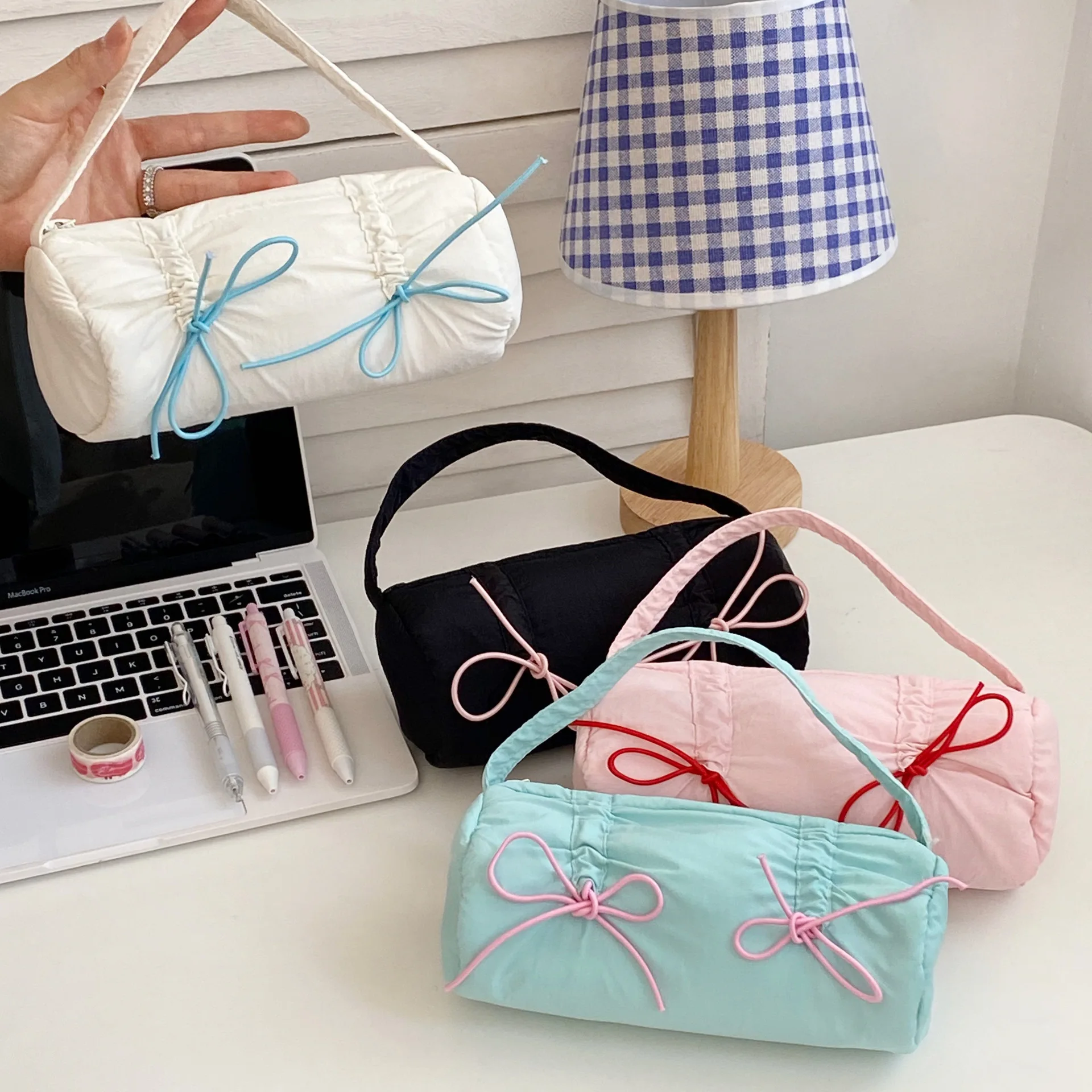 Korean Macaron Bow Pen Case Large Capacity Aesthetic School Stationery Organizer Hand Carry Pencil Bag for Girls Student Gift