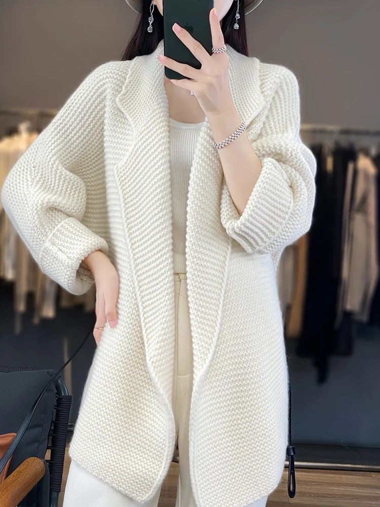 7 Needles Thick Cashmere Coat Women\'s Suit Collar Top 100% Merino Wool Knit Cardigan Fashion Korean Autumn Winter Long Sleeves