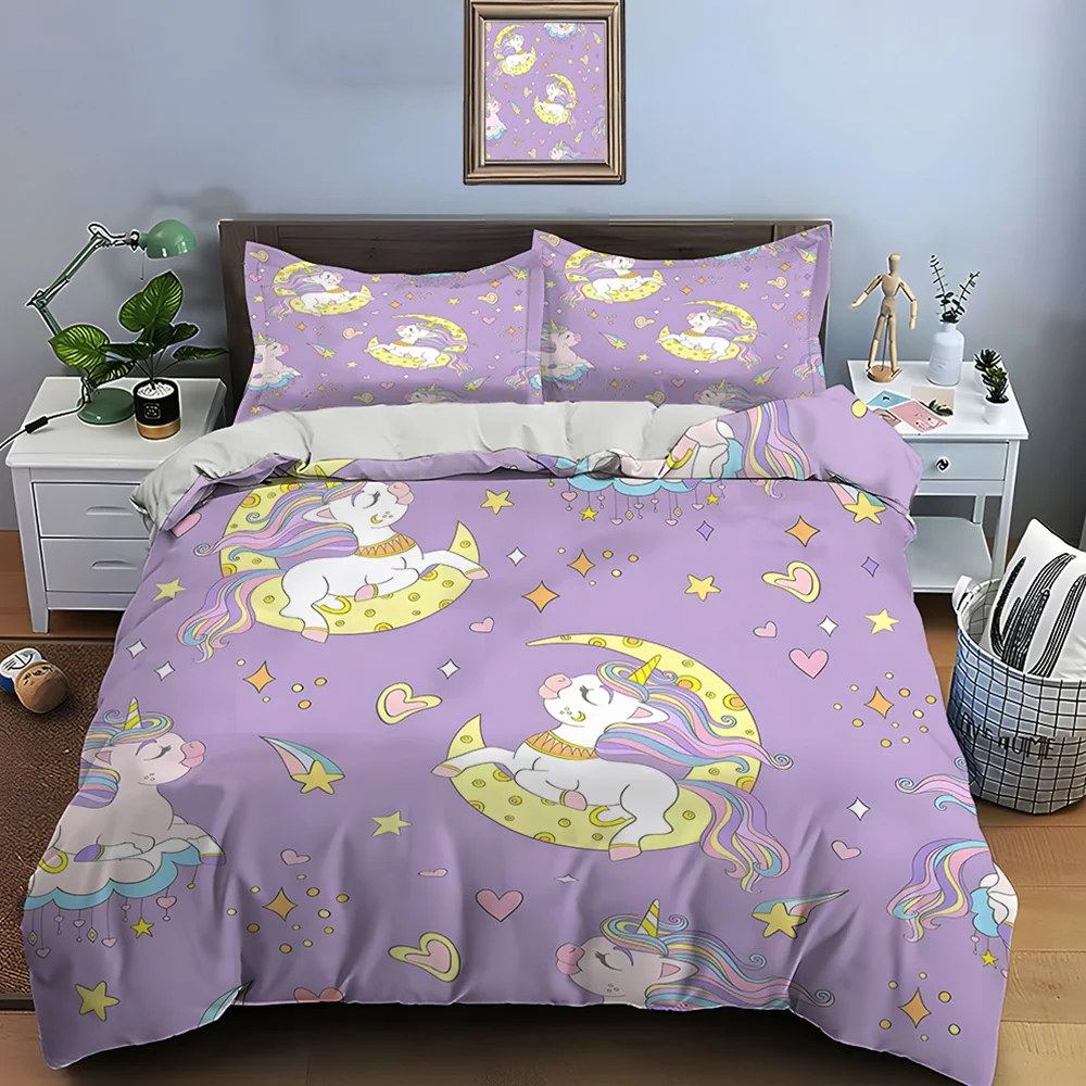 Dreamy Unicorns with Moon Background Print Bedding Set 1 Duvet Cover 2 Pillowcases for Adult and Children Luxury Gift Full Size