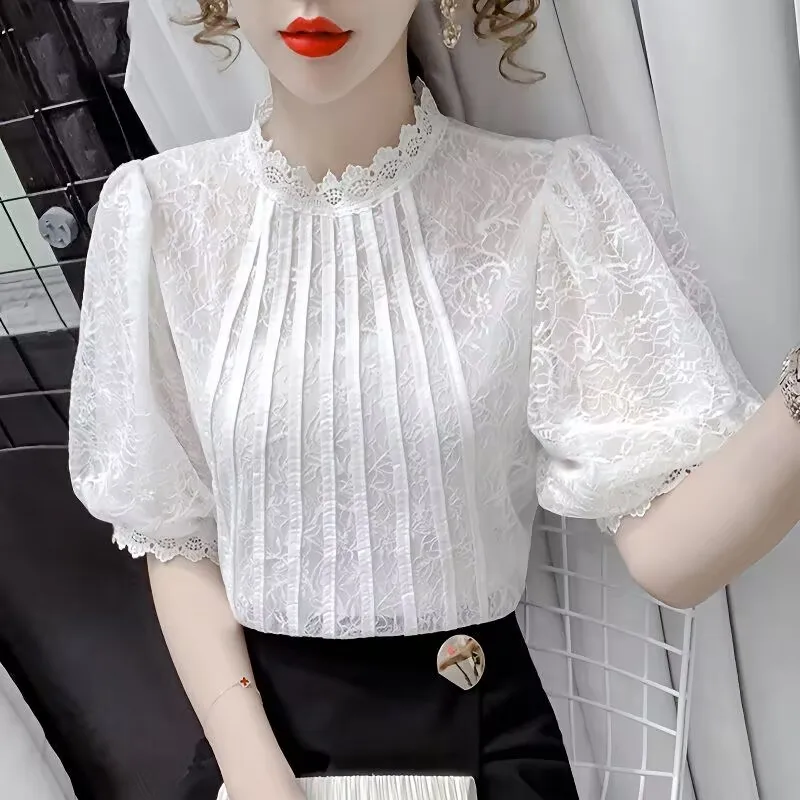 Vintage Woman Lace Jacquard T-Shirt New Female Summer Short Sleeve White Tops Elegant Ladies Sweet Casual Ruffles Shirts