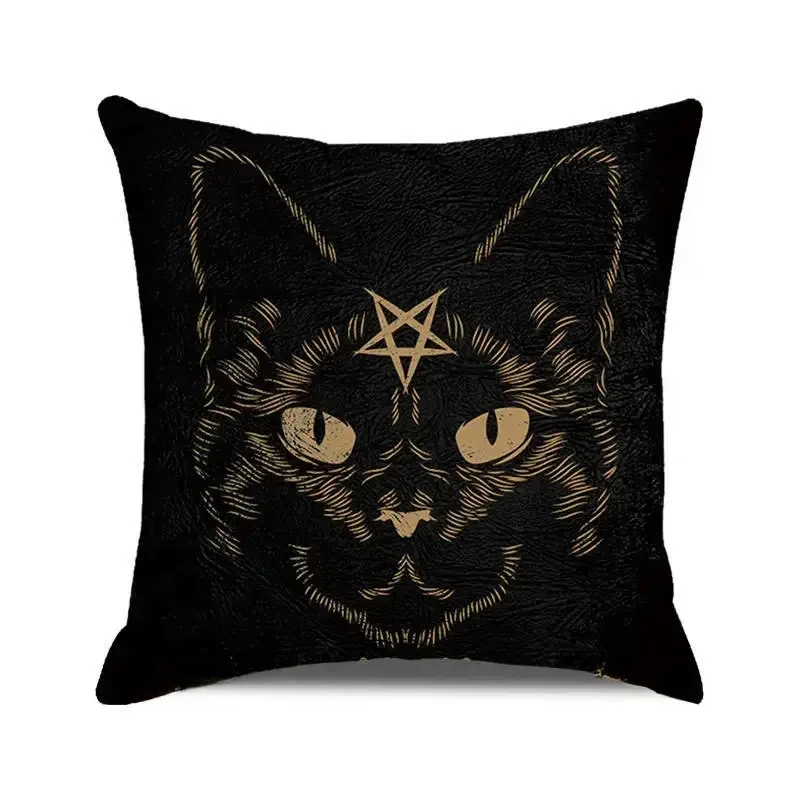 Halloween Decorations Cushion Cover 45x45 cm Vintage Style Skeleton Black Cat Print Pillowcase Holiday Decor Throw Pillow Cover