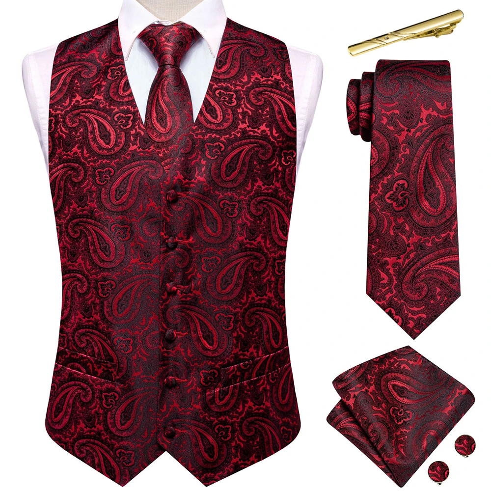 

Paisley Silk Men Vest Red Black Blue Green Purple Jacquard Waistcoat Jacket Necktie Hanky Cufflinks Clip Wedding Business Hi-Tie