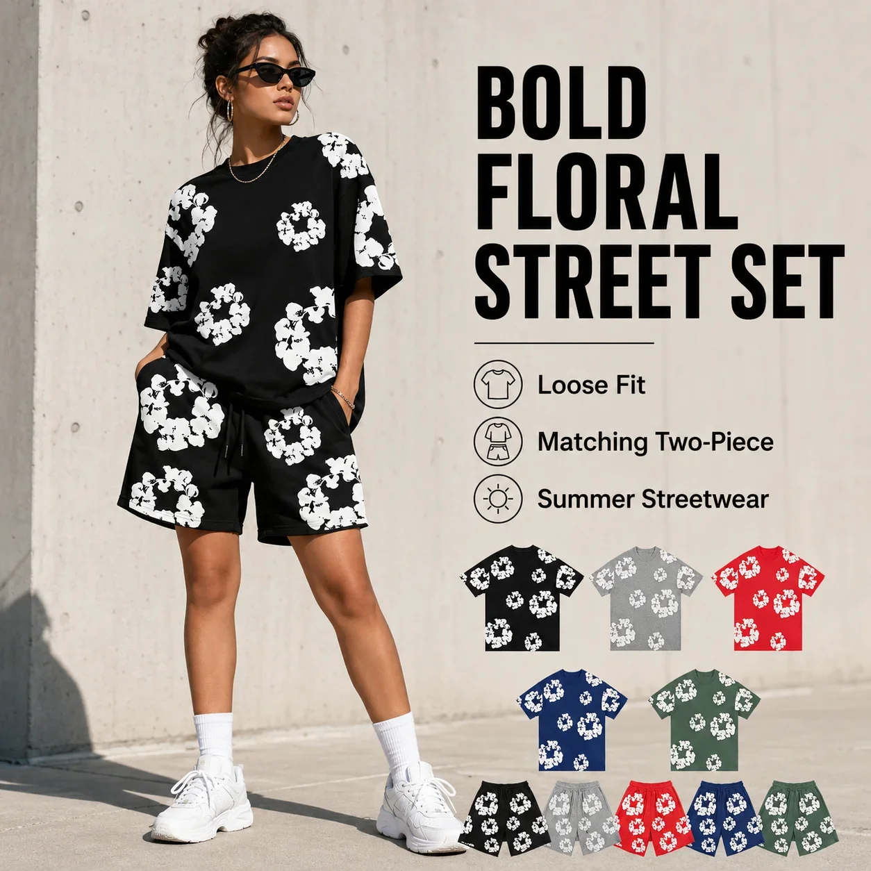 Men Women Streetwear Floral Print T Shirt Shorts Set Oversized Graphic Tee Hip Hop Summer Casual Matching Outfit