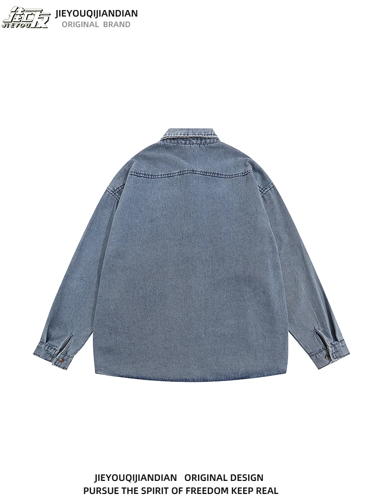 

American Sle Loose Men's Denim irt Long Sve Embroidered Flower Spring Autumn Vintage Open Cardigan Outerwear