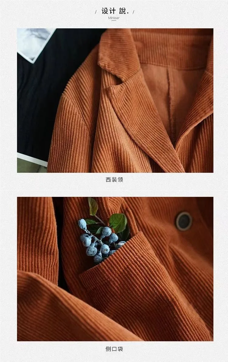 Garnitur sztruksowy, jednolity kolor, marynarka damska, jesienne płaszcze, codzienne płaszcze z długim rękawem, zapinane na jeden guzik, damskie płaszcze z klapami, odzież wierzchnia, oversize