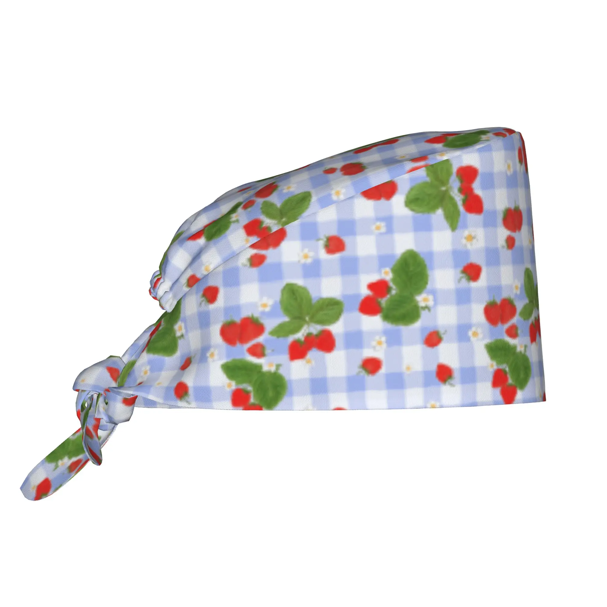 Strawberries on Light Blue Check Breathable Nursing Work Cap Surgical Scrub Caps Nurse Medical Cap Work Scrubs Hat for Hospital