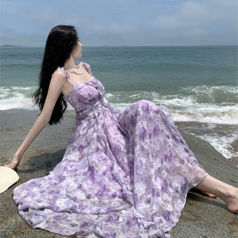 

Vacation Style Purple Chiffon Fairy Dress Retro Printed Long and Floor Strap