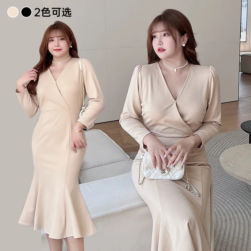 

2022 Autumn Women Show Thin Dress Oversized Long Sleeve Elegant Dress 100kg Korean Style Big Size Women V-neck Fishtail Dresses