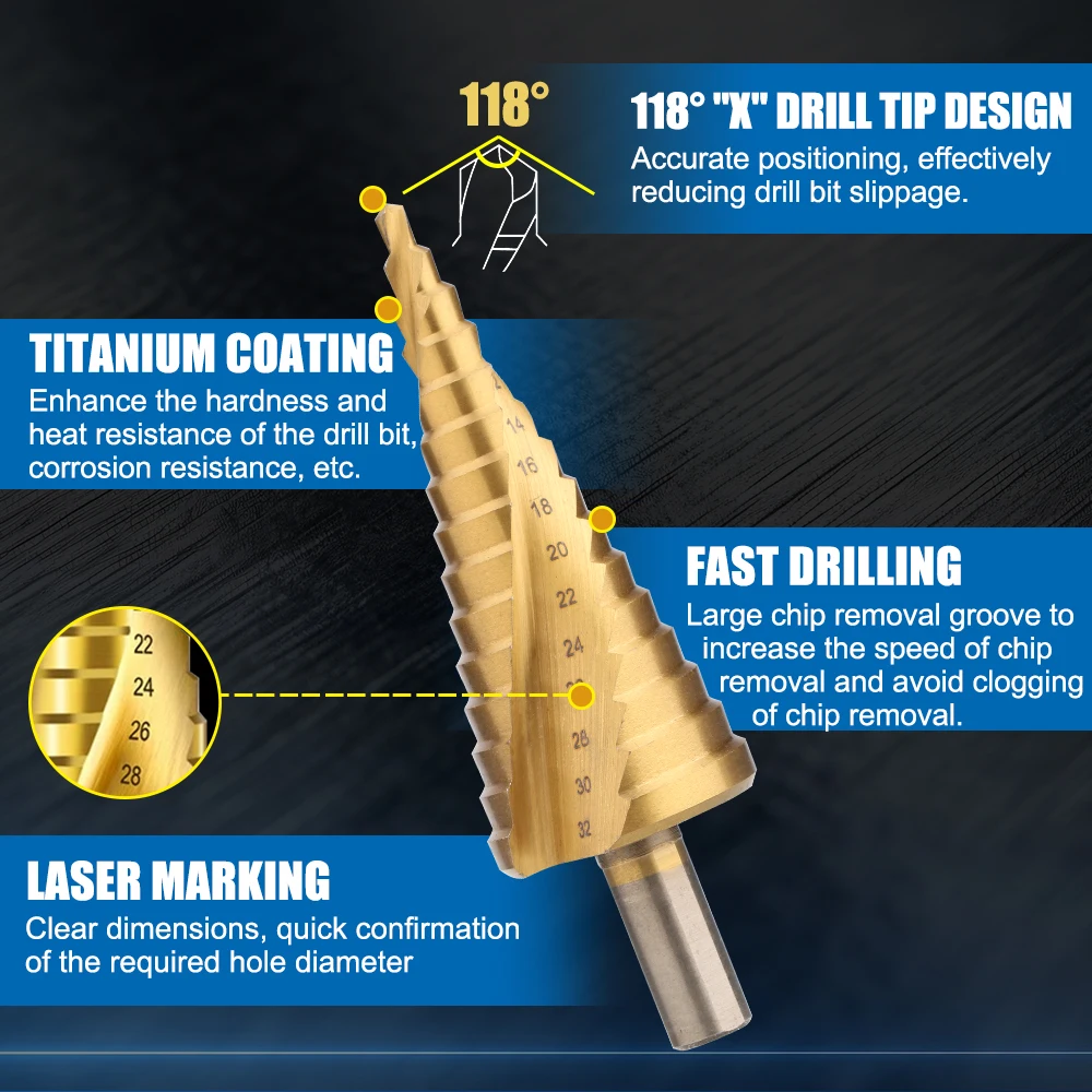 HSS Spiral Hole Cutter 4-12/20/32mm Titanium Coated Step Drill Triangular Shank Spiral Groove Drill Bit For Wood Metal Drill Bit