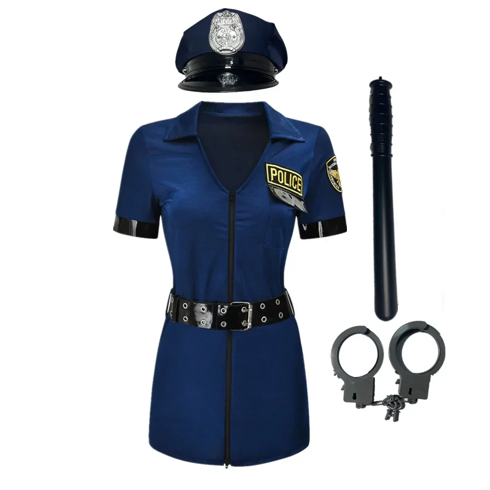 Blauwe Sexy Politie Vrouw Jurk Cosplay Kostuum Erotische Officier Uniform Carnaval Halloween Fancy Party Dress