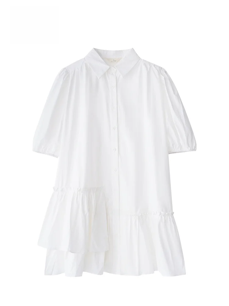 

GOFAR White Shirt Dress Women's Loose Lace Hem Summer New Style Cotton Short Sleeve Casual Single Button Closure French Style