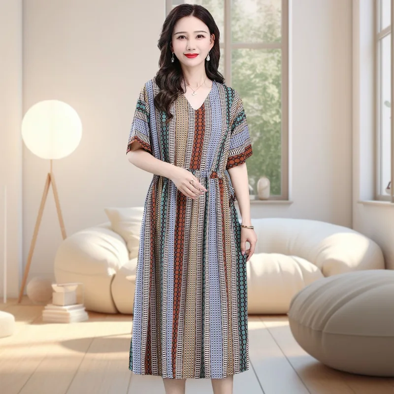 Cotton Silk Floral Dress Women's New Summer Temperament V-neck Waist Slimming Large Size Rayon Cotton Long Skirt Cool Nightgowns