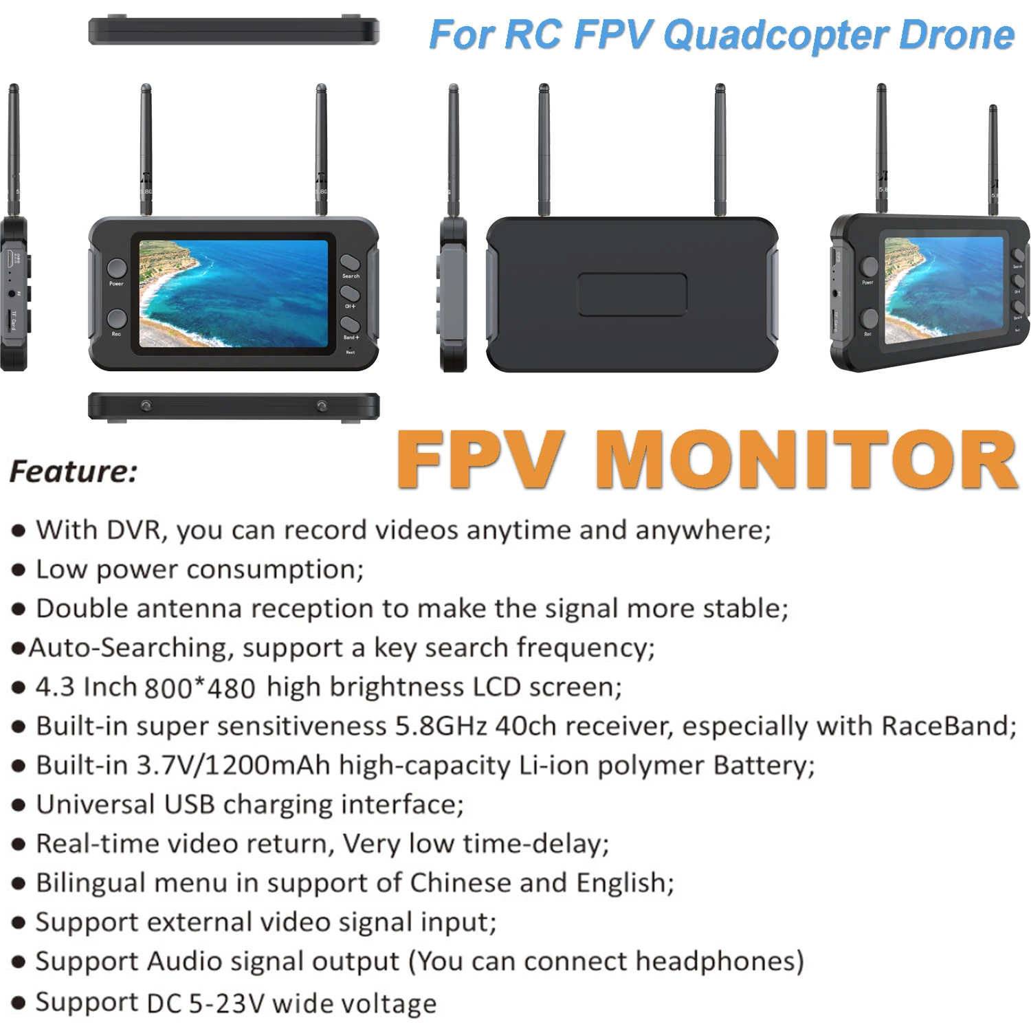 

FPV-монитор 5,8G 40CH с DVR 4,3-дюймовый ЖК-дисплей 16:9 Встроенный аккумулятор 3,7 В/1200 мАч для RC FPV Quadcopter Детали модели дронов