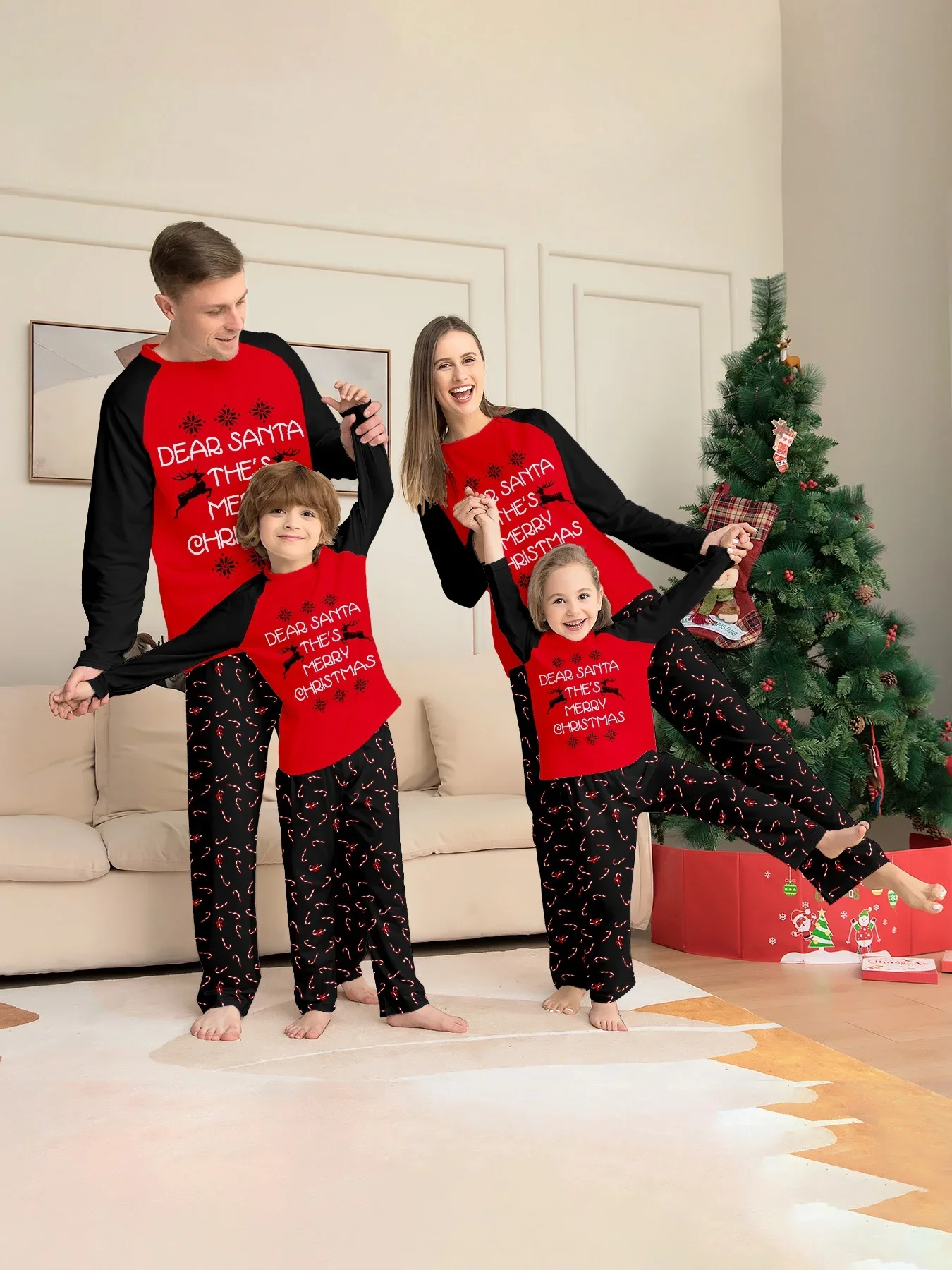 Winter 2024 Letter Print Pajamas Set Women Men Boys Girls Matching Outfits Cute Soft Christmas Sleepwear 2 Pieces Suit Xmas Look