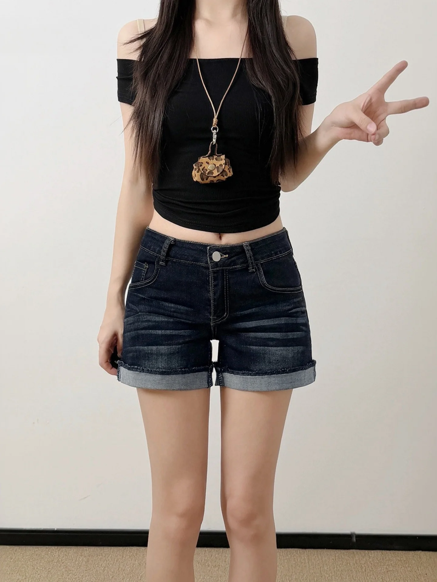 Deep Blue High Waist Stretchy Summer Thin Denim Shorts Women's A-Line Hot Pants Casual Wear Cotton Jeans High Elasticity