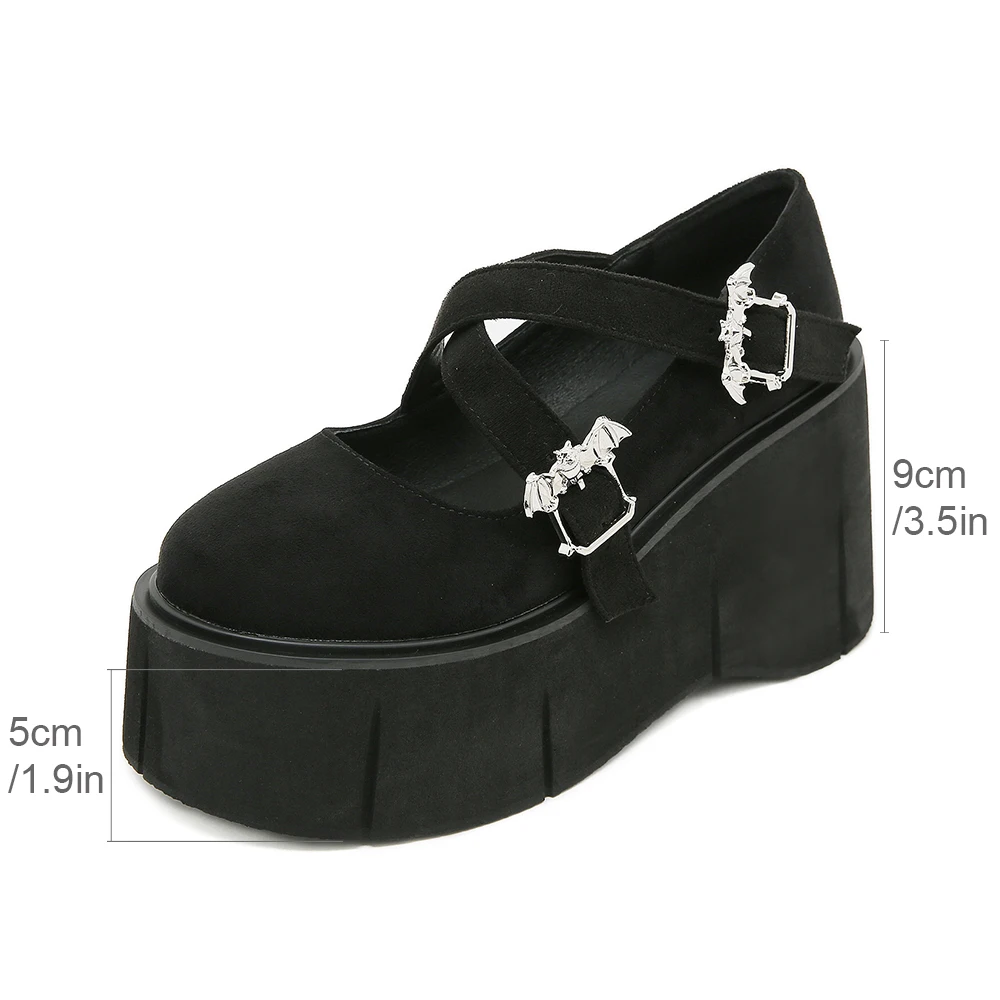 Gdgydh النساء القوطية ماري جين أحذية منصة نعل سميك مقاوم للماء منصة الكعوب عبر مشبك إسفين الكعوب الخفافيش مشبك تصميم #3