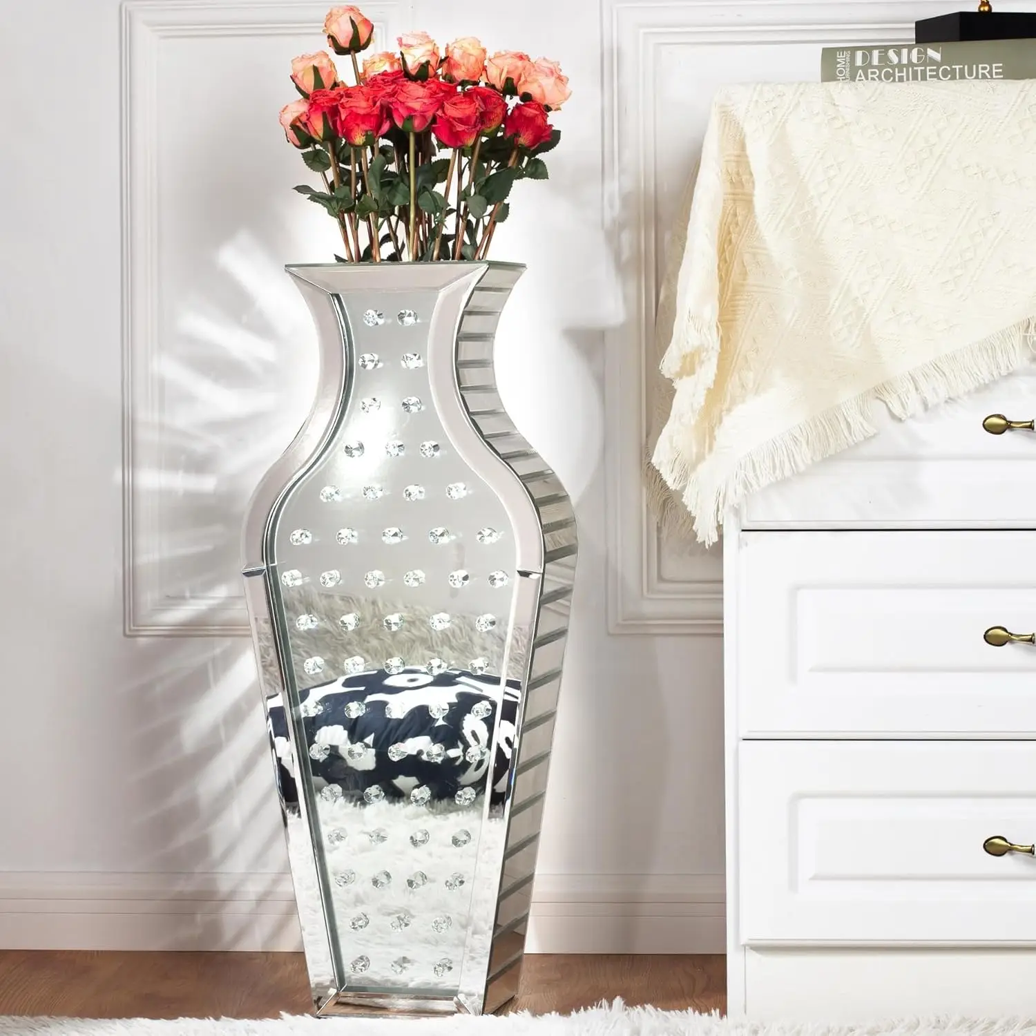 

Tall Mirrored Crystal Floor Vase 28 inch High, Silver Decorative Tall Vases for Floor Decor, Large Glass Floor Vase for Home