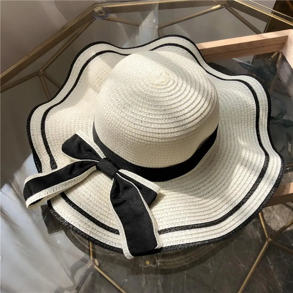 

Anti-UV Summer Straw Hat Foldable Flat Top Women Beach Cap Bow-knot Decor Wide Brim Lady Sun Hat Striped Curled Edge Lady Hat