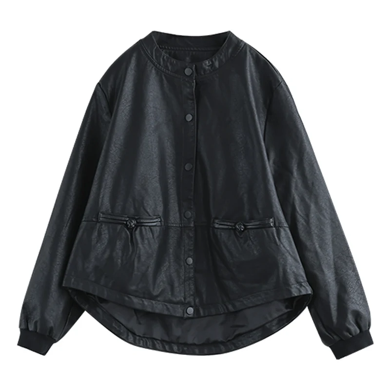 Chaqueta Corta de Cuero para Mujer, Ropa de Abrigo de Otoño, Estilo Motero de Alta Gama, Cuello Alto, Manga Larga, Abrigo de ...