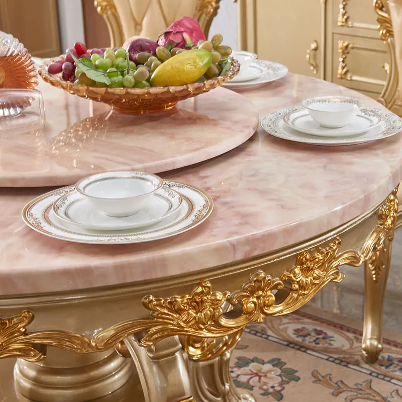European marble dining table dining chair combination noble gold restaurant round meal with turntable villa household solid wood