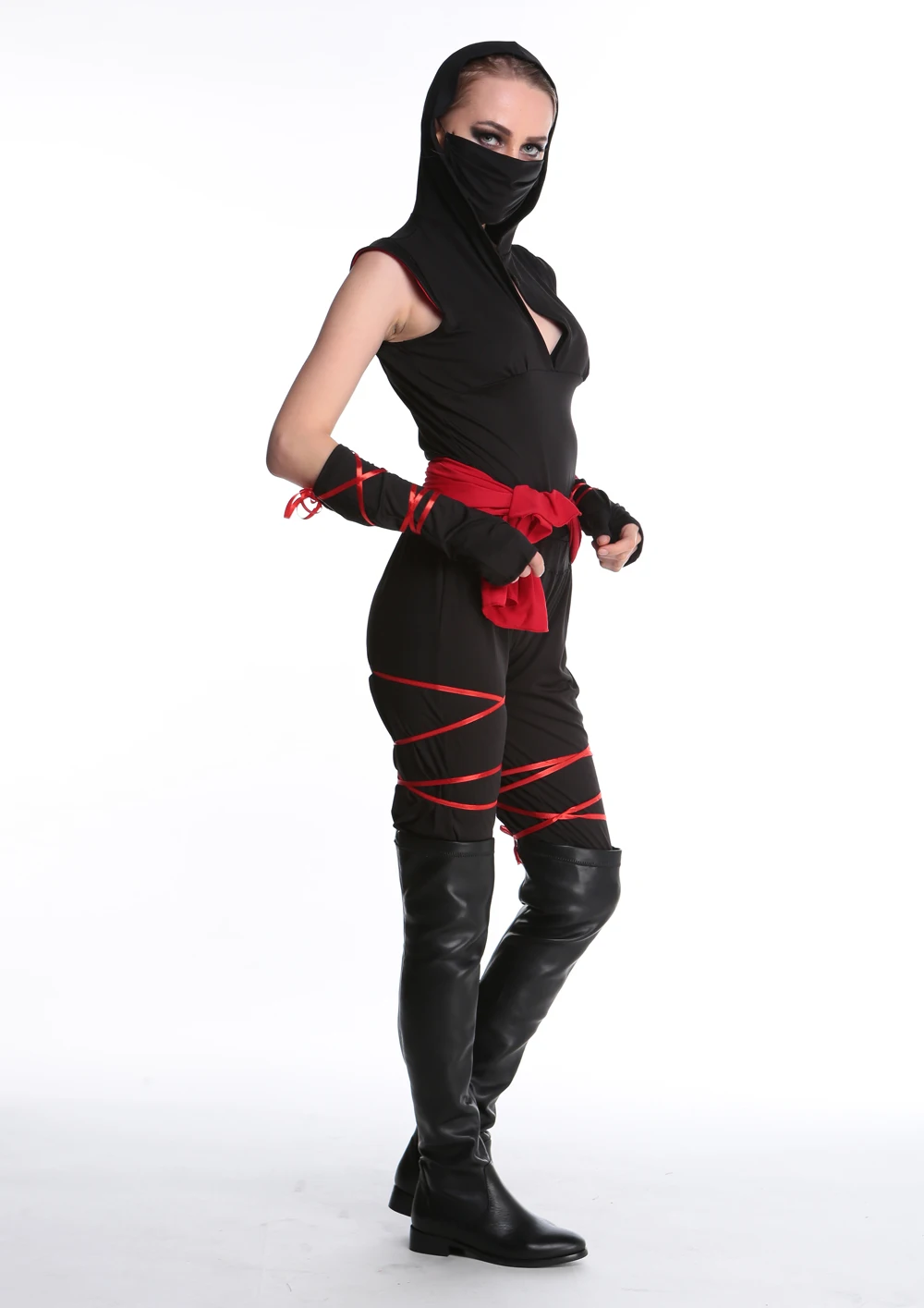 F1708 Black Warrior Costume Sexy Women Halloween Mouth-Muffle Top Pants Gloves Belt