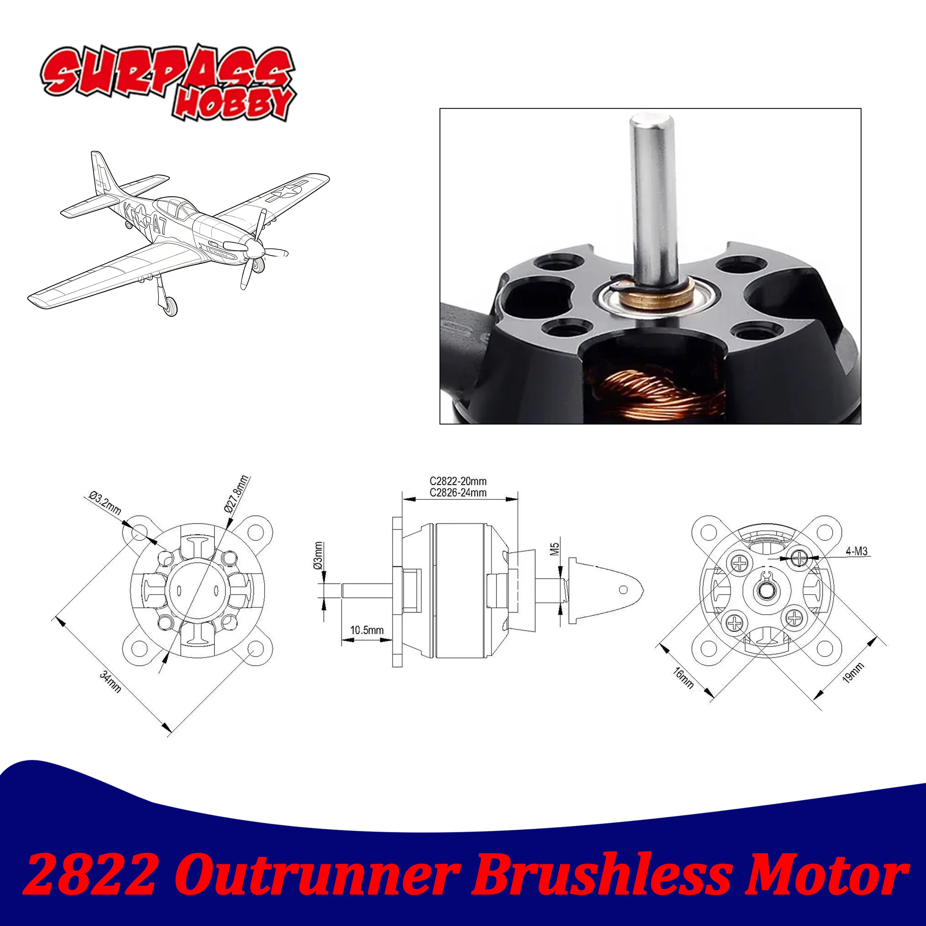 

SURPASS HOBBY 2822 Outrunner Brushless Motor 1200KV 1400KV for RC FPV Racing Drone Fixed-wing Airplane Multicopter Quadcopter